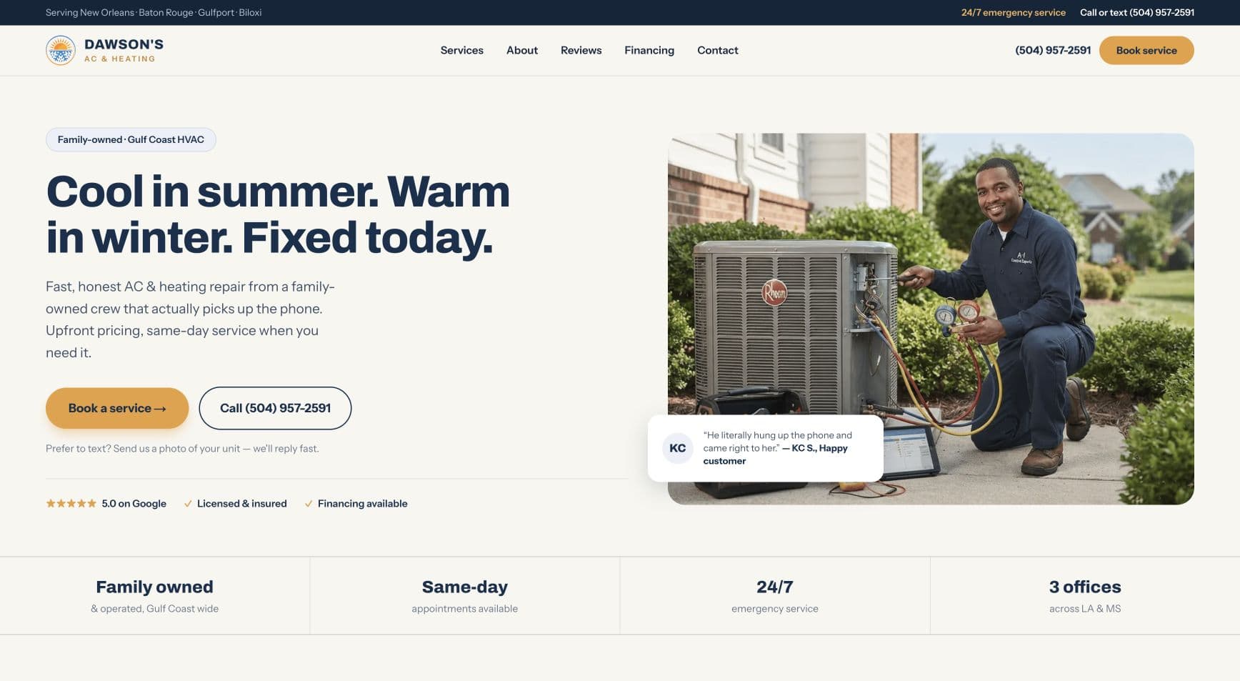 SiteForge demo website for Dawson’s AC and Heating
